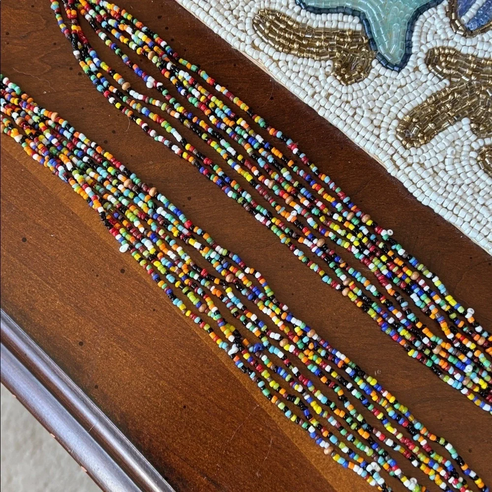 Vintage Seed Beaded Multi-Strand Long Wood Bead Colorful & Teardrop Earrings